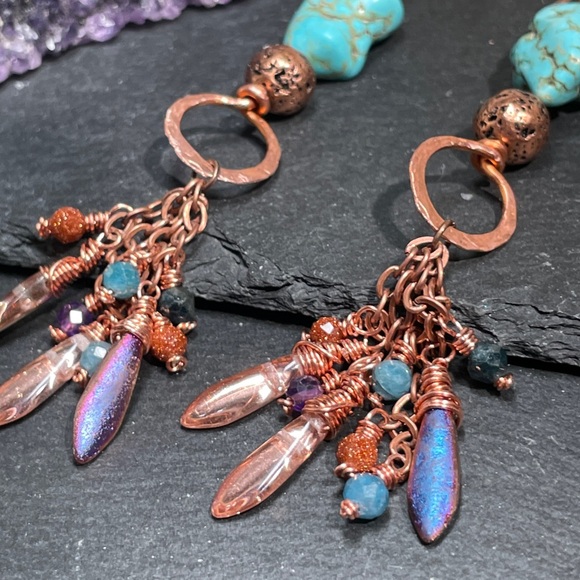 Artisan Turquoise Hand Wired Copper Fringe Dangle Earrings - Picture 2 of 14